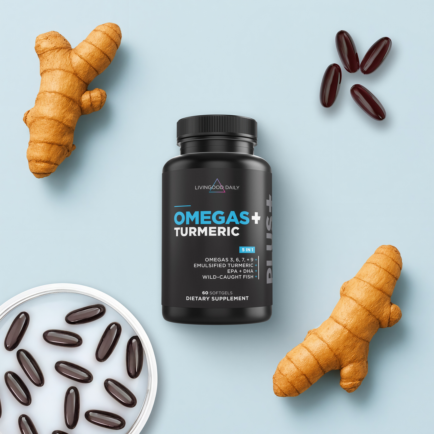 Livingood Daily Omega 3 6 9 Plus Turmeric Curcumin Supplement, 60 Softgels - Fish Oil Omega 3 Supplements (EPA & DHA) for Men and Women - Brain, Joint, Heart Health, and Metabolism - Made in USA